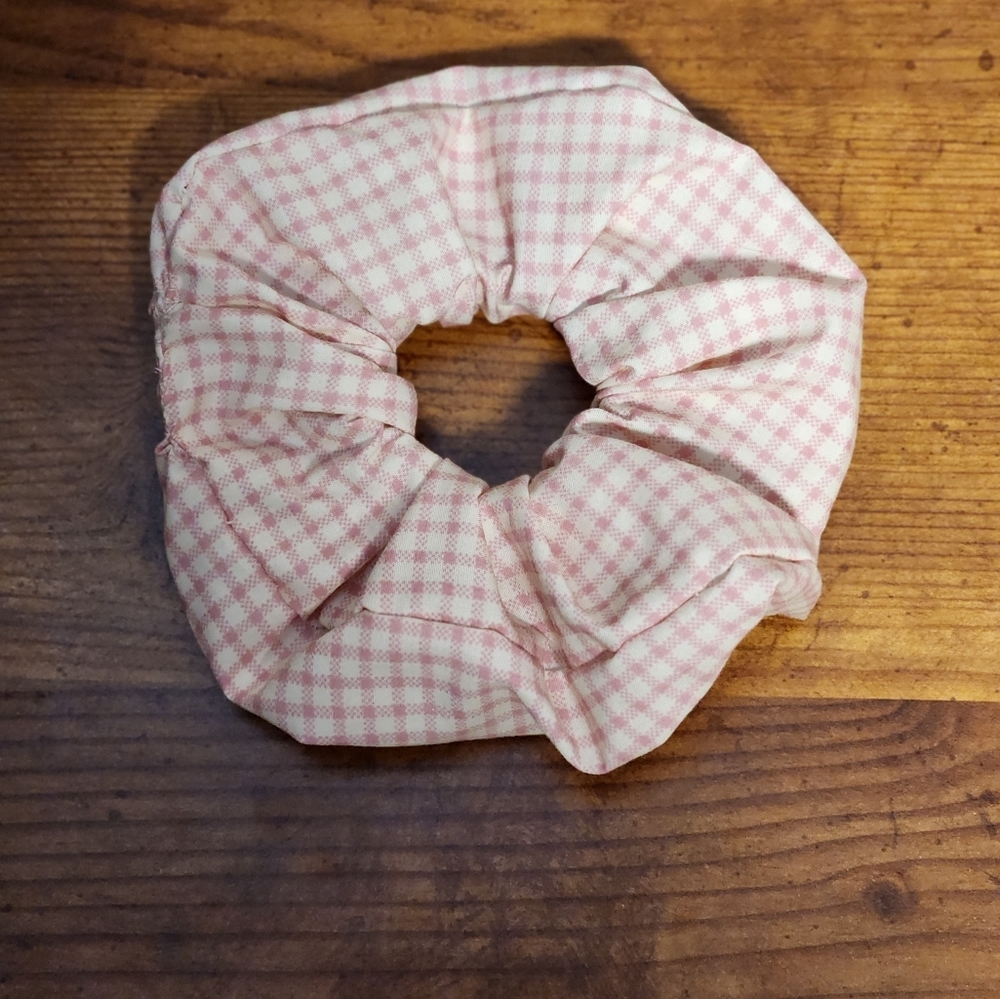 Handmade Pink Gingham Cotton Scrunchie Tilly Pastel Plaid Fluffy Hair Tie